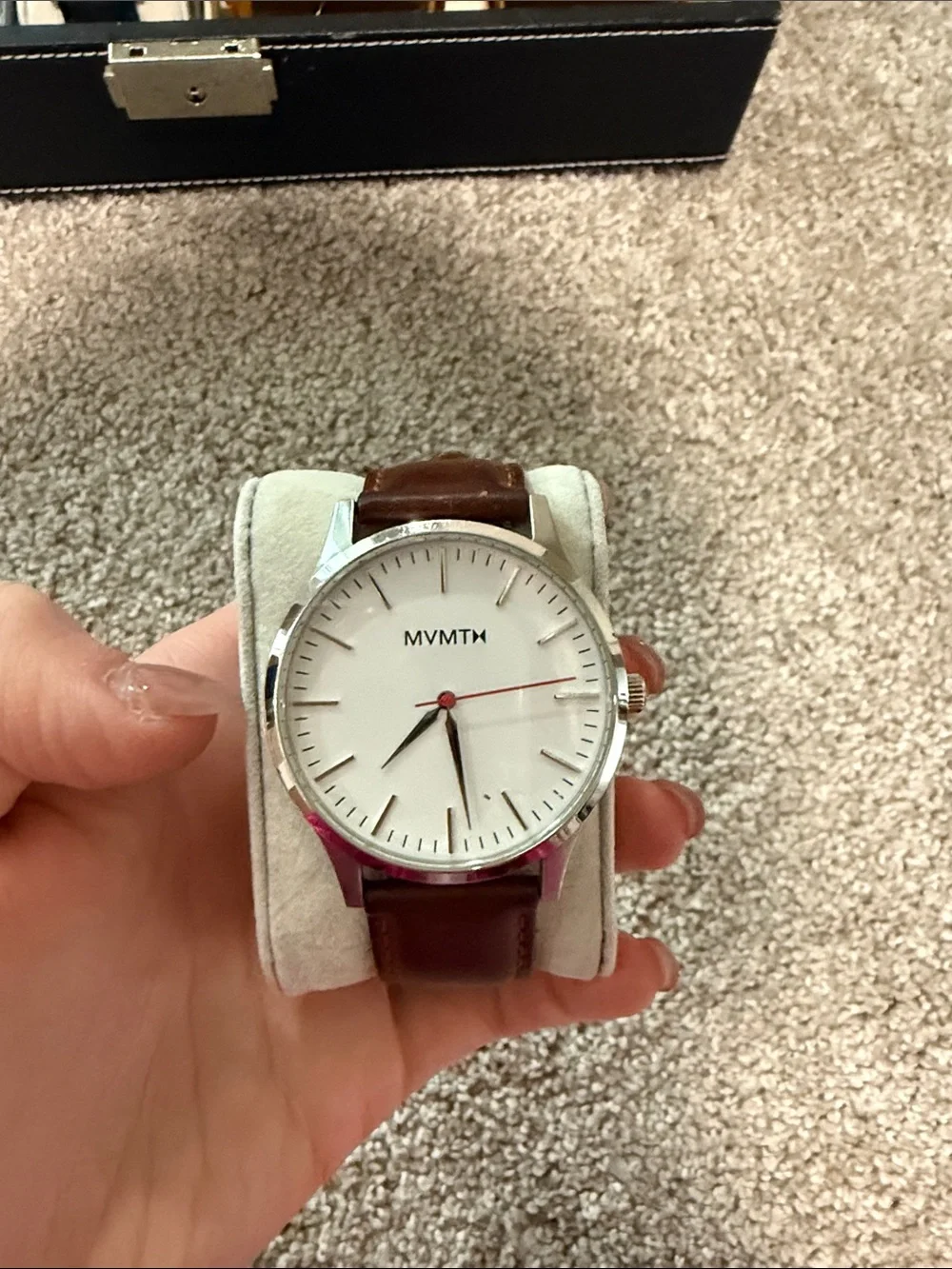 MVMT Silver Case Watch with White Dial and Brown Leather Strap